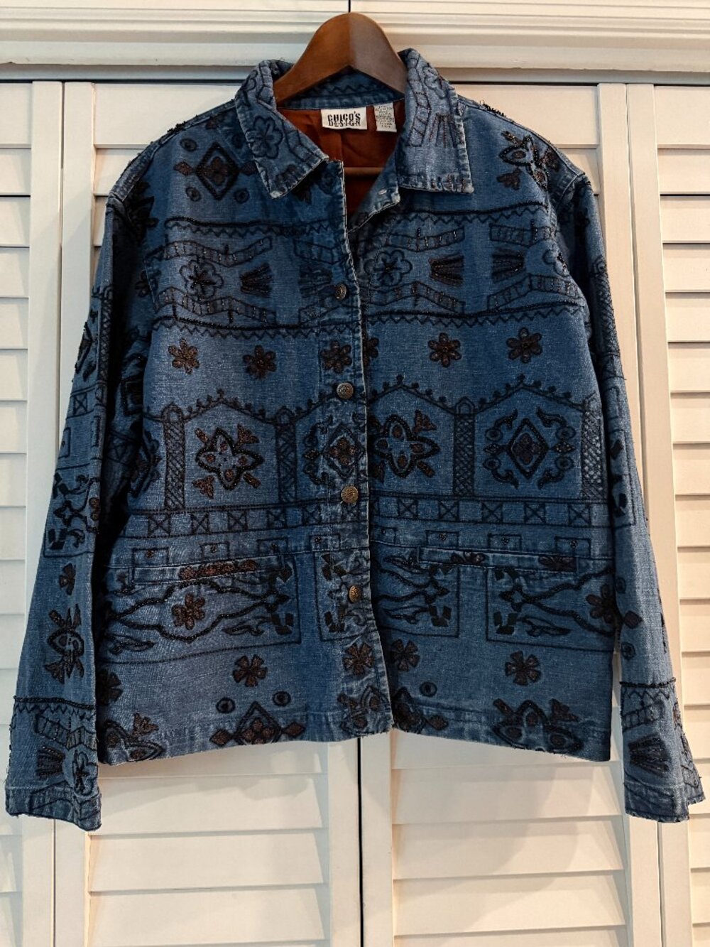 Vintage Chico's Design Blue Denim Jacket Beaded Silk - Size 2 (L)
